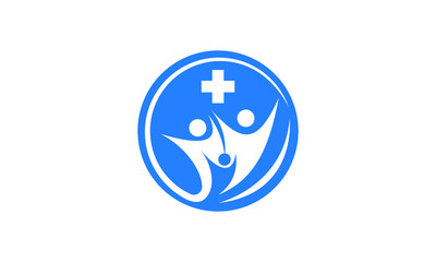 Blue medical logo with abstract figures and a white cross symbolizing healthcare and family