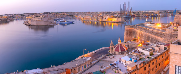 Valletta and the Grand Harbor at dawn. Malta.