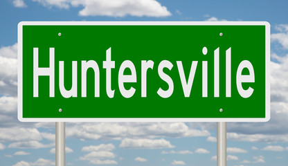 Rendering of a green highway sign for Huntersville North Carolina