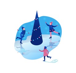 Ice skating isometric kids, 3d vector winter people, sport family, christmas tree decorated, children playing and riding skate, simple skater, rink, outdoor snow games, minimal design