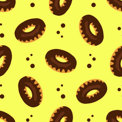 Seamless pattern with chocolate donuts on yellow background for wrappers, packages, textile, web design.