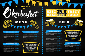Naklejka premium Oktoberfest pub menu template in a modern style with hand drawn Oktoberfest chalk inscription, buntings garlands, beer mugs and pretzels on a blackboard background. Vector illustration