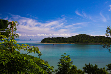 Fototapeta na wymiar Panoramic view beyond green trees on lonely bay beach on small island islet from Ko Lanta, Thailand