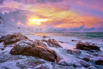 Norwegian Sea waves on rocky coast of Lofoten islands, Norway
