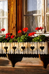 Traditional red geranium flowers in the windows of typical Alpine wooden huts. Austrian wooden...