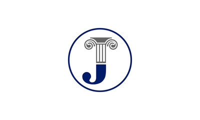 Classic ionic column capital forms letter j inside a blue circle emblem