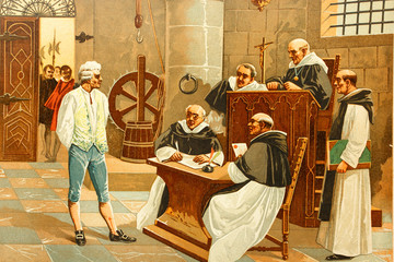 Between 1499 and 1506, Córdoba, Spain, was under the power of the inquisitor Diego Rodríguez Lucero. Antique illustration. Book of history. 1897.