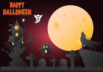Halloween, Wolf on cliff with tree house and ghost, paper art background.