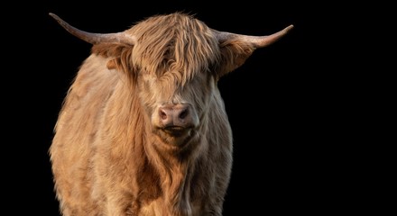 A close up photo of a Highland Cow isolated on a black background 