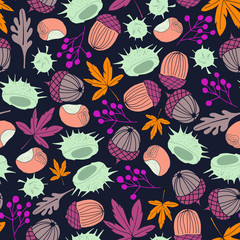Fototapeta na wymiar seamless vector pattern repeat of hand-drawn autumn motifs in a striking color palette
