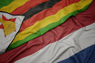 waving colorful flag of netherlands and national flag of zimbabwe.