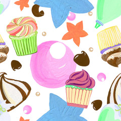 Little sweet delicious Buttercream cupcakes sprinkle and chocolate set watercolor gouache doodle art hand drawn seamless pattern