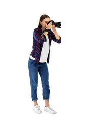 Professional photographer taking picture on white background