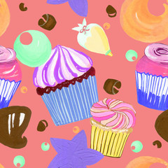 Little sweet delicious Buttercream cupcakes sprinkle and chocolate set watercolor gouache doodle art hand drawn seamless pattern