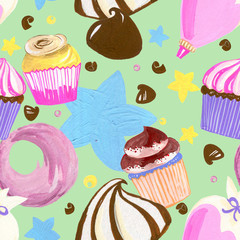 Little sweet delicious Buttercream cupcakes sprinkle and chocolate set watercolor gouache doodle art hand drawn seamless pattern