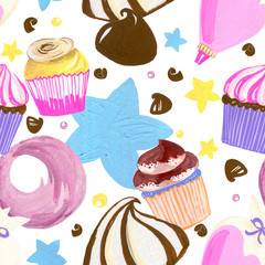 Little sweet delicious Buttercream cupcakes sprinkle and chocolate set watercolor gouache doodle art hand drawn seamless pattern