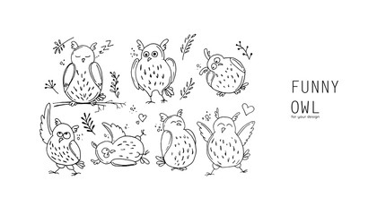 Set of funny hand drawn owls in minimal style for printing or design.