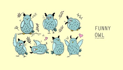 Set of funny hand drawn owls in minimal style for printing or design.