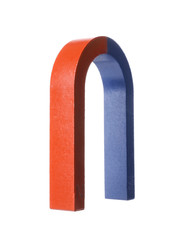 Red and blue horseshoe magnet on white background