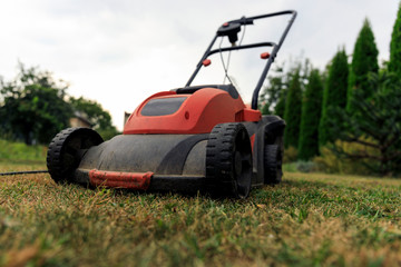 Lawn mower cutting green grass in backyard.Gardening background.