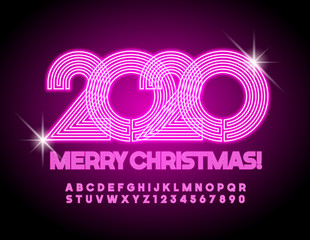 Vector greeting card Merry Christmas 2020! Uppercase illuminated Alphabet Letters and Numbers. Pink neon Font. 