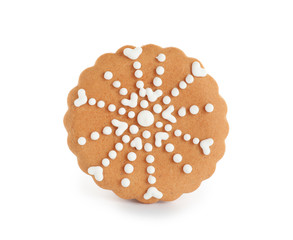 Tasty homemade Christmas cookie on white background