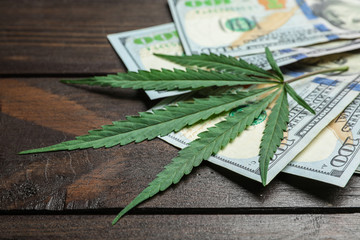Hemp leaf and dollars on wooden background, closeup