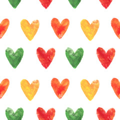 Pattern with colored hearts with watercolor paints. Background for textiles, packaging, notebooks, paper.