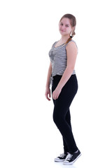 Schoolgirl, teenager girl studio photo in full growth. Isolated