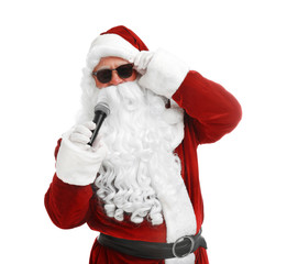 Santa Claus singing on white background. Christmas music