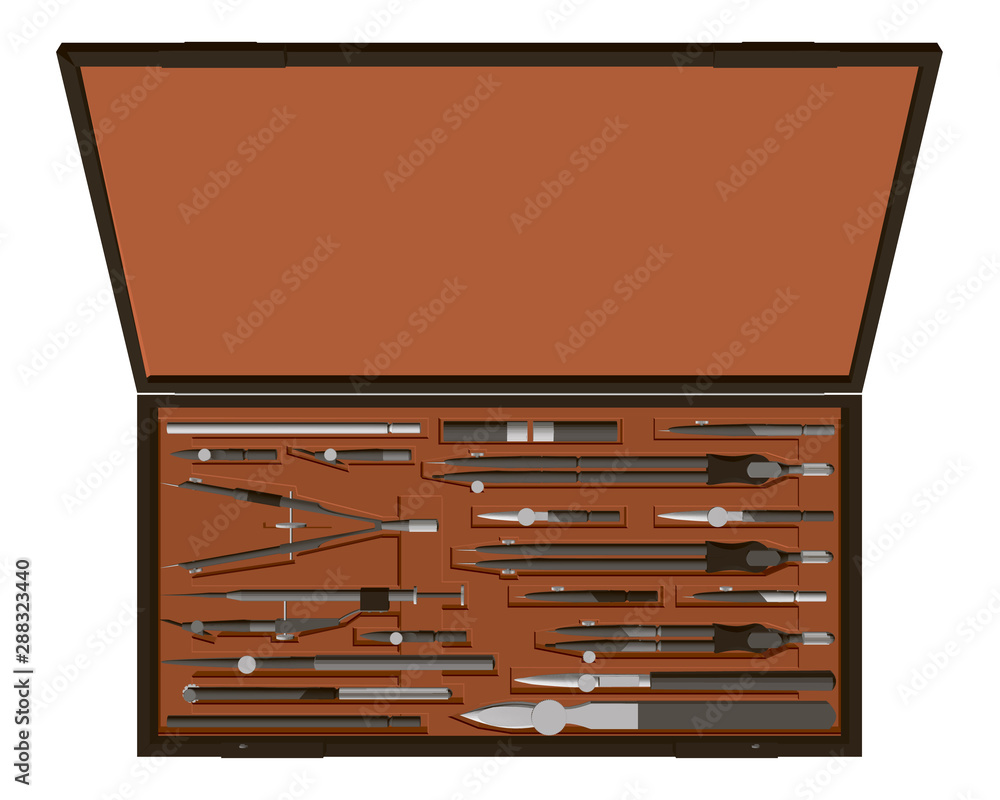 Poster a set of measuring tools for building design. compasses in a suitcase. 3d. vector illustration.