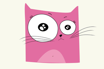 Sketch drawn in vector frustrated sad pink cat on a light background
