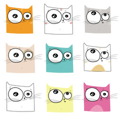 Sketch drawn in vector: pattern of different cat flying and dancing with emotions: sad, funny, cry, laugh on an isolated background