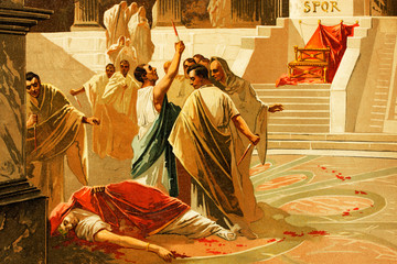 Death of Gaius Julius Caesar, Roman emperor. 100 B. C.-44 B.C. Antique illustration. Book of history. 1897.