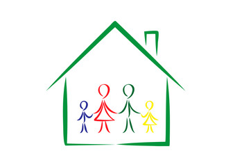 Obraz na płótnie Canvas family simple color doodles in a house isolated on a white background, horizontal vector illustration