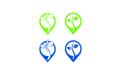 Obraz premium Four green and blue location pin icons featuring growing plant sprouts