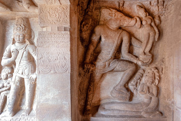 Vishnu as Varaha rescuing Earth as Bhudevi on relief of historical caves in Badami, India. 6th...