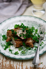 Veal Saltimbocca with Sorrel..selective focus