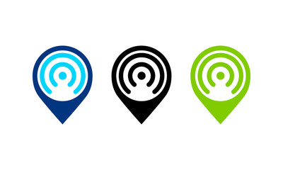 WiFi Location Icons, Wifi connection signal icon with map pointer or location in the circle. Vector of map pointer and wifi logo combination. GPS locator and signal symbol or icon.  Pin Wi-Fi location