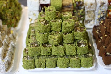 Bunch of turkish delight arrangement plates on table