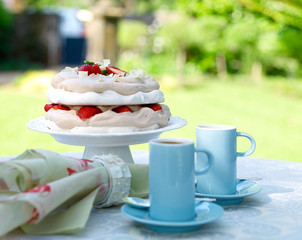 Strawberry Pavlova & Coffee in garden setting