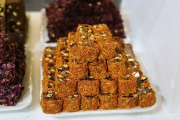 Bunch of turkish delight arrangement plates on table