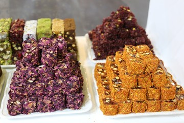 Bunch of turkish delight arrangement plates on table