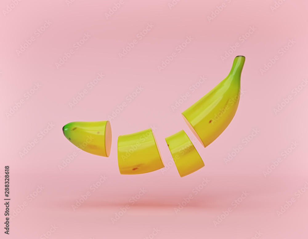 Poster floating sliced banana. abstract minimalism concept. 3d rendering