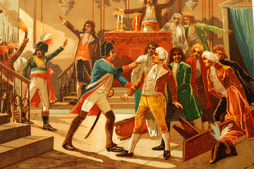 Thermidor session. Defeat of Robespierre. French revolution. Antique illustration. Book of history. 1897.