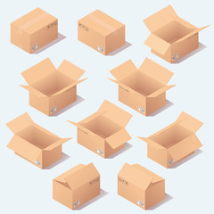Fototapeta premium Vector isometric cardboard boxes set. Isolated bacground