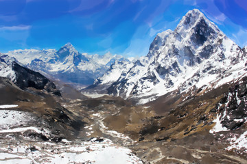 Obraz premium Stunning Himalaya mountains. Sagarmatha National Park in the Nepal. Watercolor style.