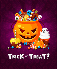 Halloween trick or treat party poster flat vector template