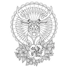 Hand drawn sketch illustration of deer and flowers for adult coloring book.