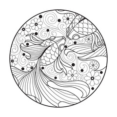 Hand drawn sketch illustration of goldfish for adult coloring book.